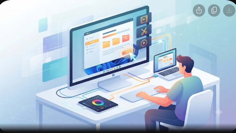 Современная иллюстрация с интерфейсом видеоредактора на экране ноутбука для руководства по установке в Windows 11