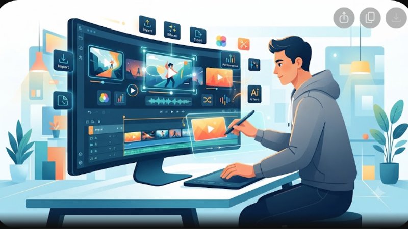 Современная иллюстрация с интерфейсом видеоредактора на экране монитора для выбора программы в 2026 году